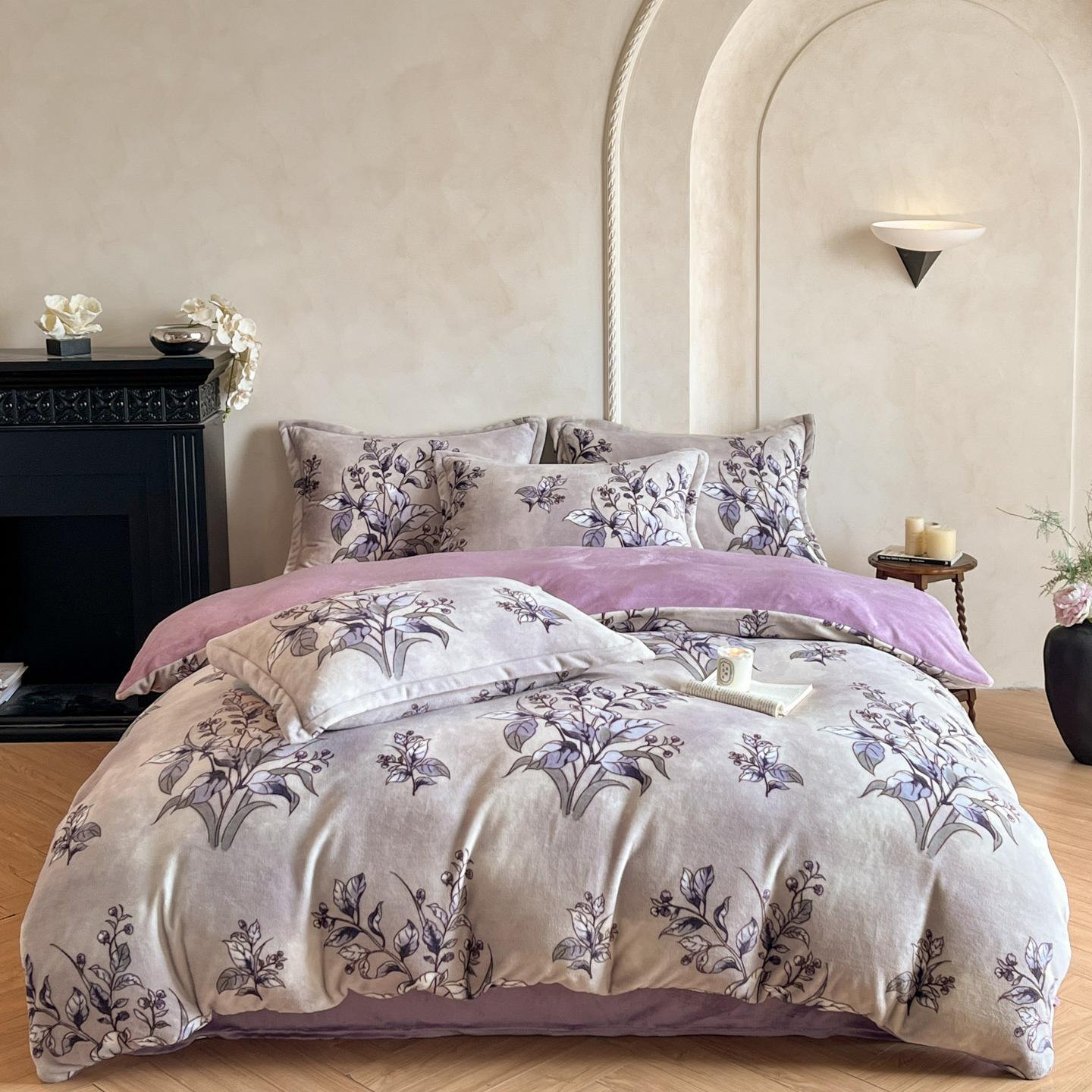 

light luxury style high gram milk fleece 1.5m/1.8m bed four-piece printing warm bed sheet quilt cover 1.8m bed sheet 4pcs