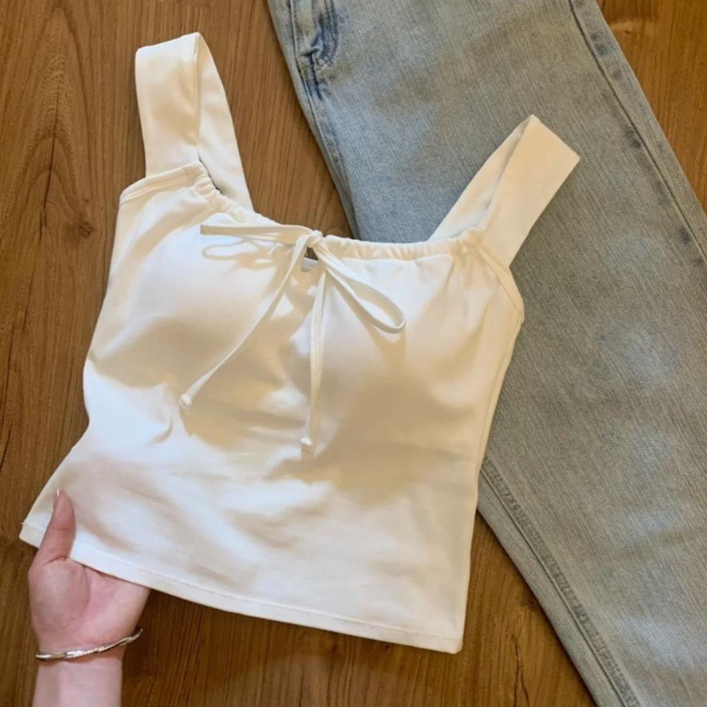 White Atmosphere Feeling Camisole Undershirt Women, Versatile with Bra Pads Department, with Bow Short Models Outside Slim Bottoming Tops