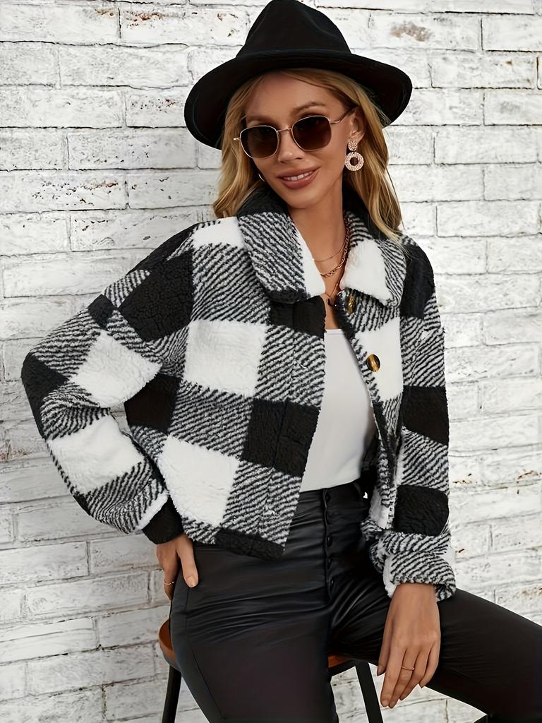 Plaid Pattern Button Front Teddy Coat All-match Long-sleeved Winter Warm Jacket Women's Clothing