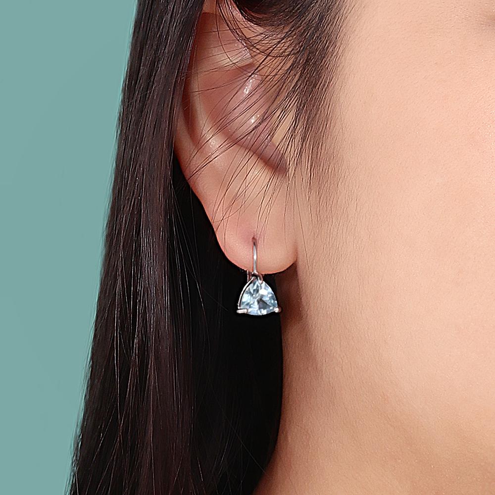 925 Sterling Silver Women's Earrings Natural Brazil Sky Blue Topaz Triangle 8.0mm Gemstones Fine Jewelry for Birthday Daily Wear