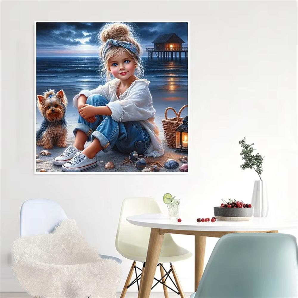 5d Diy Diamond Painting Girl Dog Portrait Diamond Embroidery Seaside Full Round Drill Cross Stitch Kits Gift
