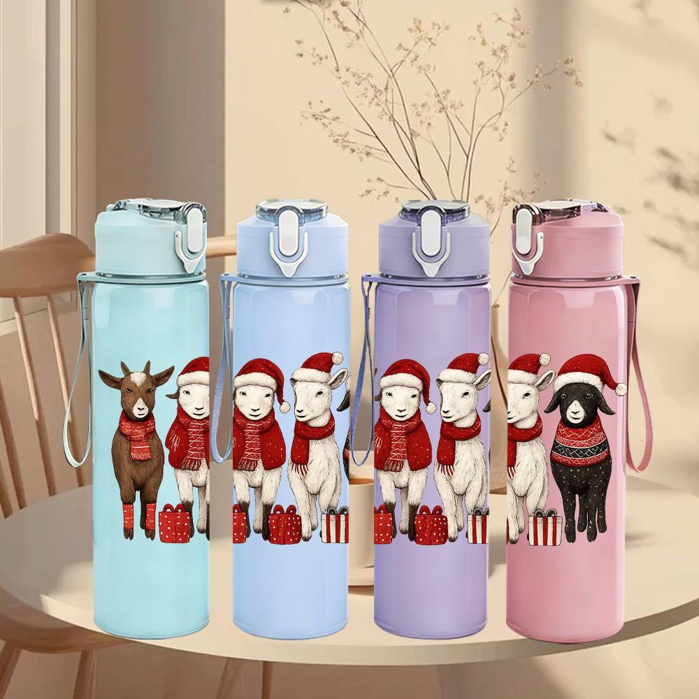 1PC Three Santa Reindeer Cartoon 750ml Color Plastic Sports Water Bottle Leakproof Flip Straw Lid Suitable for Sports Office Home Use