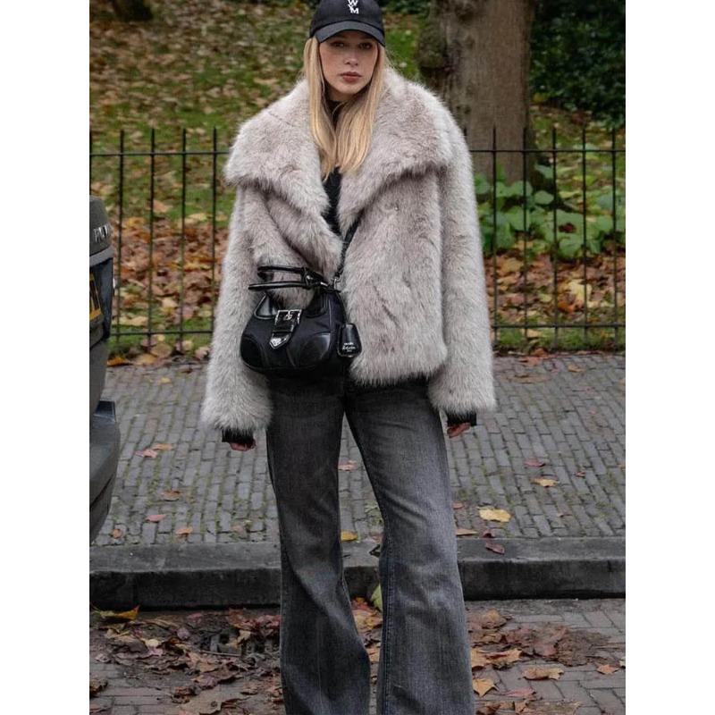 HH Women Fashion Cropped Faux Fur Jacket Coat Long Sleeve Front Snap-button Female Outerwear Chic Lapel Collar Thick Coat