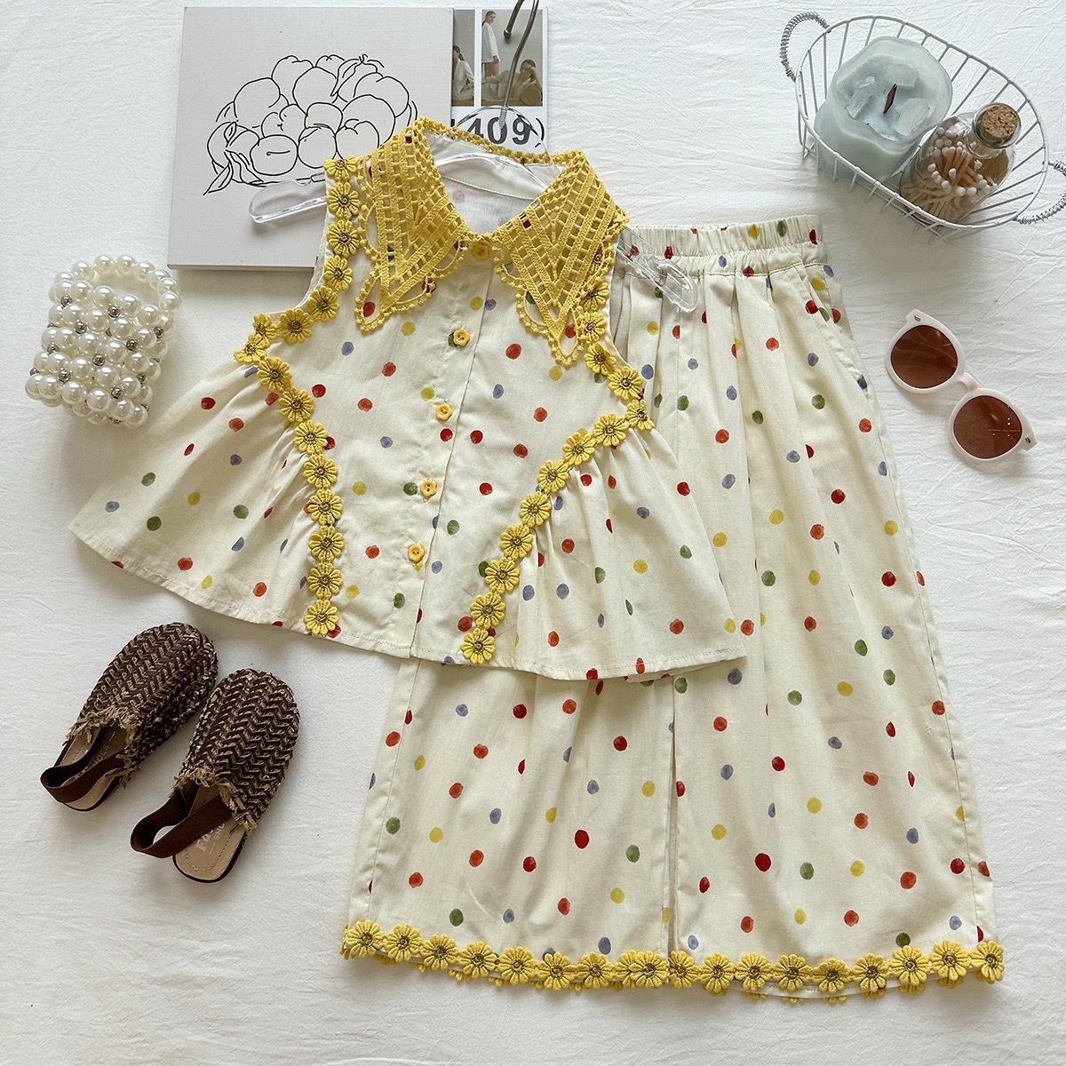 Girls Summer Floral Sleeveless Top With Polka Dot Ruffle Wide Leg Pants Casual Two Piece Outfit Set 90cm