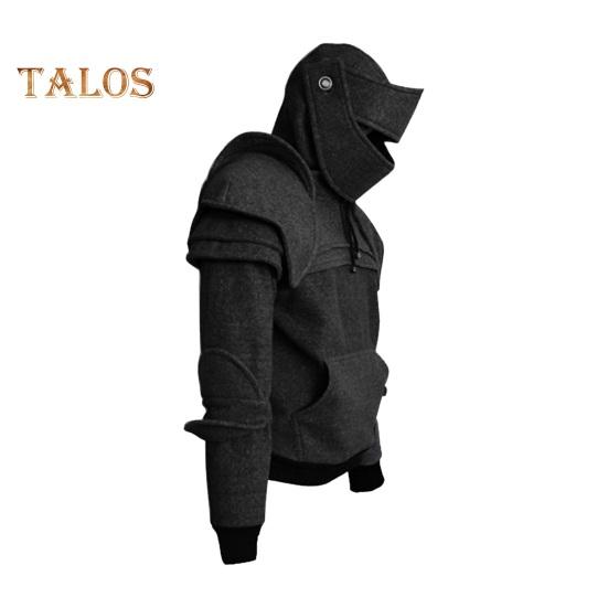 Men Halloween Hoodie with Hood Knight Drawstring Patch Pocket Ruched Elastic Cuff Long Sleeves Warrior Medieval Costume