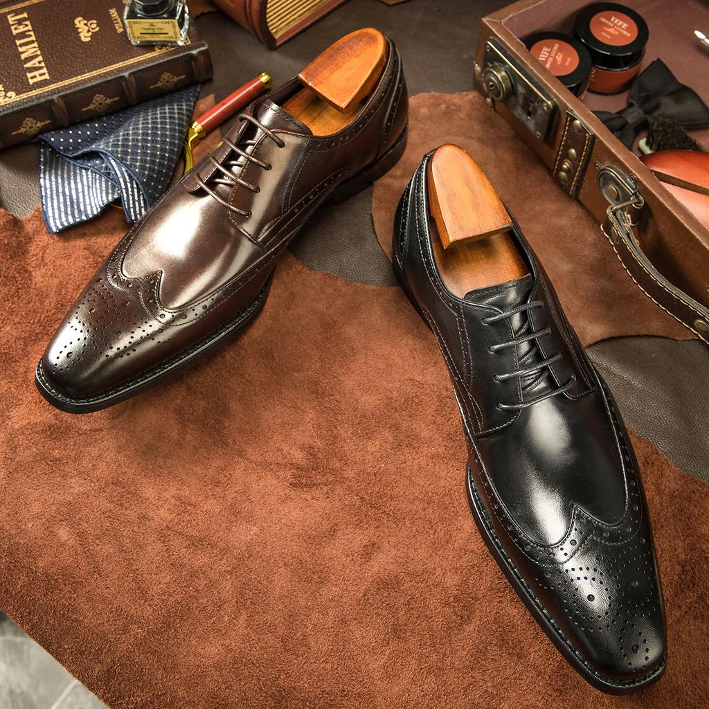 Business Dress Men's Brock Shoes Cowhide Polished Small Square Head Men's Shoes