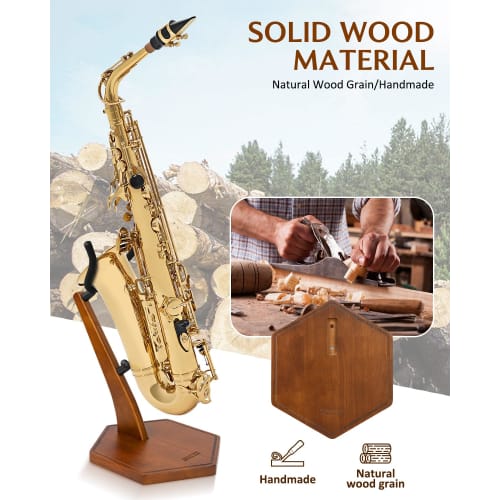 Suport pentru saxofon STRICH, Lemn masiv, pentru Alto și Tenor, Suport stabil de podea cu bază grea, Culoare nuc, FH-4