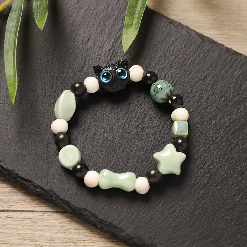 Creative Ceramic Cat Bear Beaded Bracelet Dopamine Color Small Fresh Color Retro Literary Bracelet Women