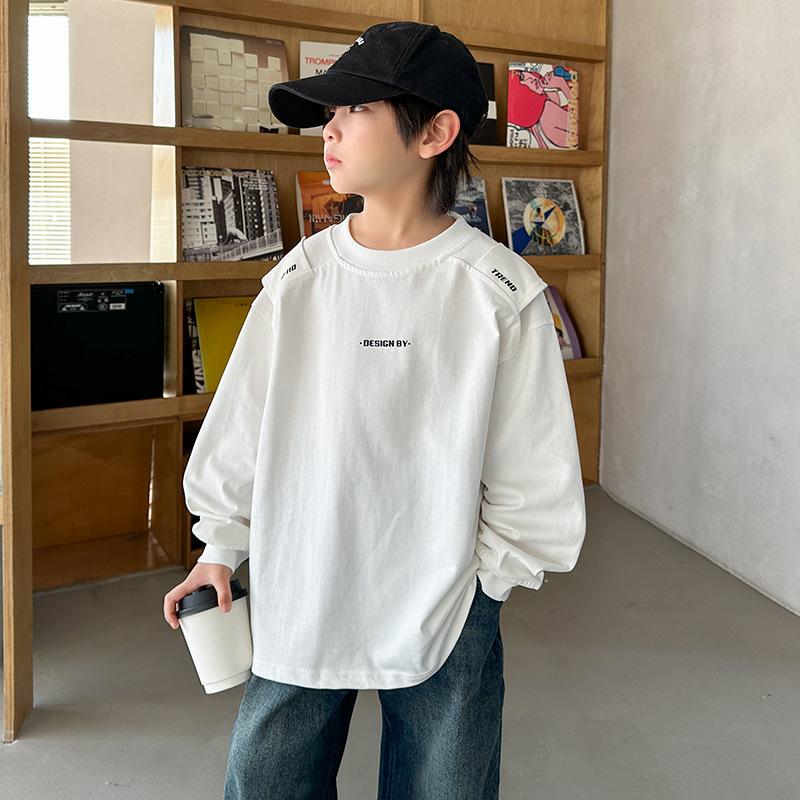 Boys Fashion Long-sleeved T-shirt Spring and Autumn 2025 Children Loose Casual White Top