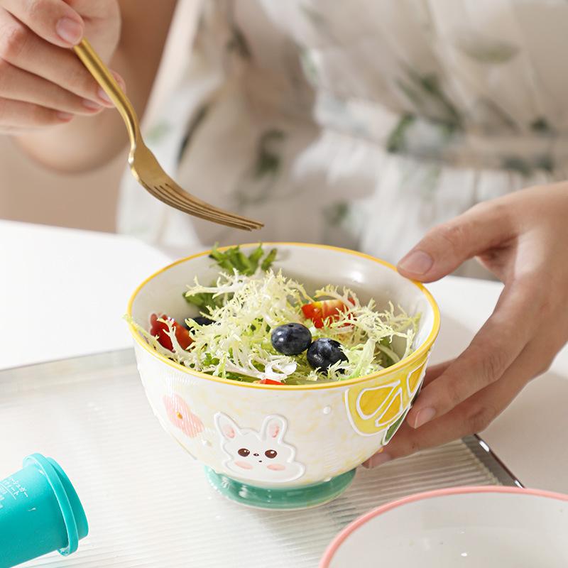 Hand-Painted Relief Household Ceramic Bowl Cartoon Cute Rice Bowl Tableware Children'S Bowl Bear High Value Eating Bowl