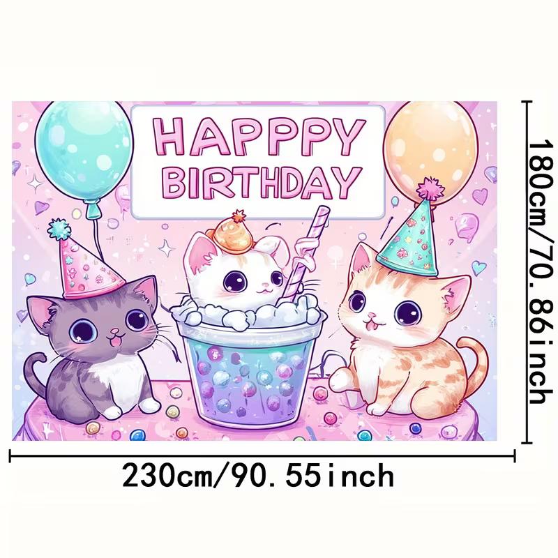 2D Kawaii Cat Party Backdrop, Kids Birthday Background Cloth