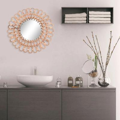 Rund Väggspegel i Rotting, Boho-spegel för Väggdekoration, 40 cm, Väggspegel för Sovrum, Vardagsrum, Matsal, Träfärg