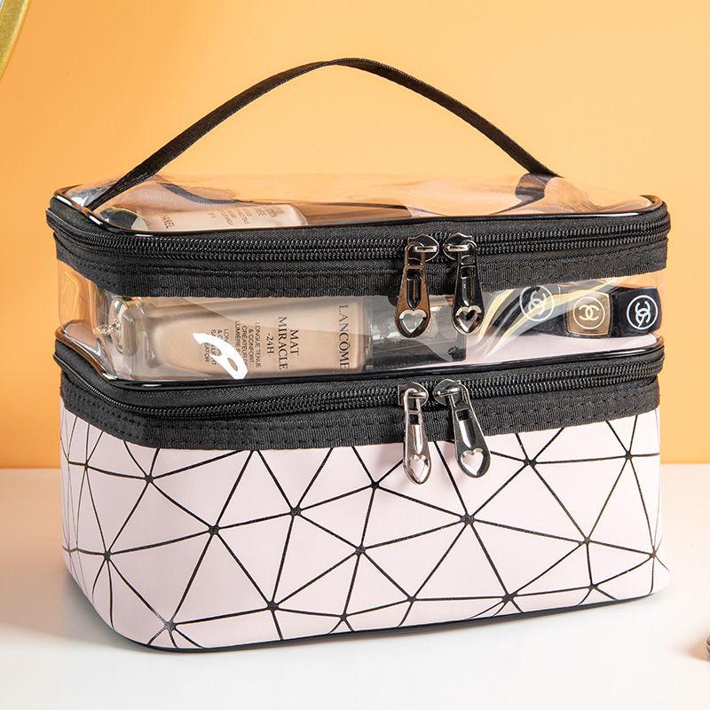 Double-layer cosmetic bag, large capacity and multi-function, multi-layer women's portable travel makeup and skin care product storage, toilet bag.