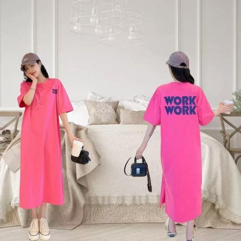 Summer's New Fashionable Mid-length Large-sized Slit Printed T-shirt and Long Over-the-knee Dress