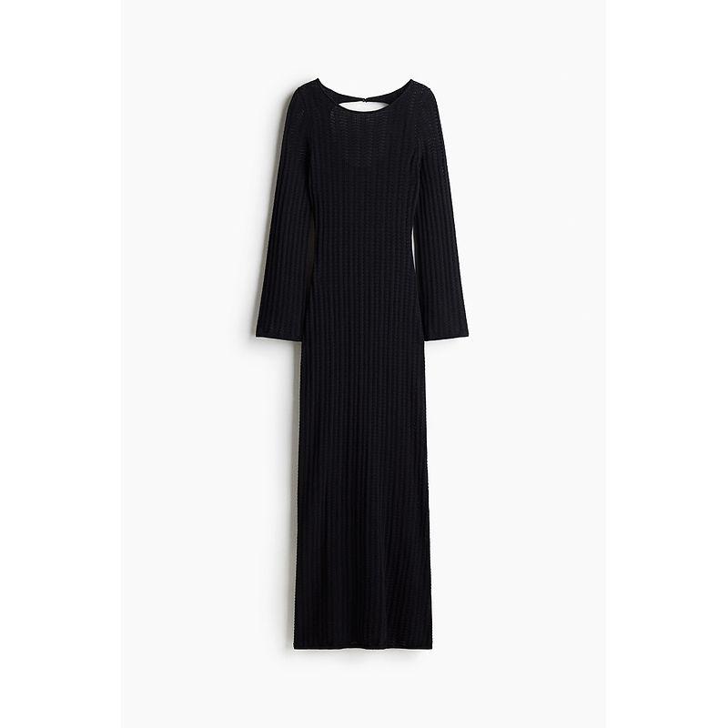 

HM Women s clothing dress 2025 Summer New Elegant Backless Long sleeve Slim fit Knitted Midi dress 1276244 Black 150/76(XXS)