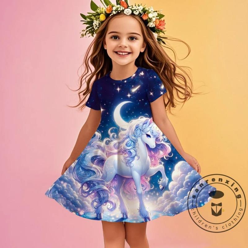 3D Printed Unicorn Short Sleeved Dress Cute Girls' Clothing Children's Party Wear Daily Princess Dress Skin Friendly Breath