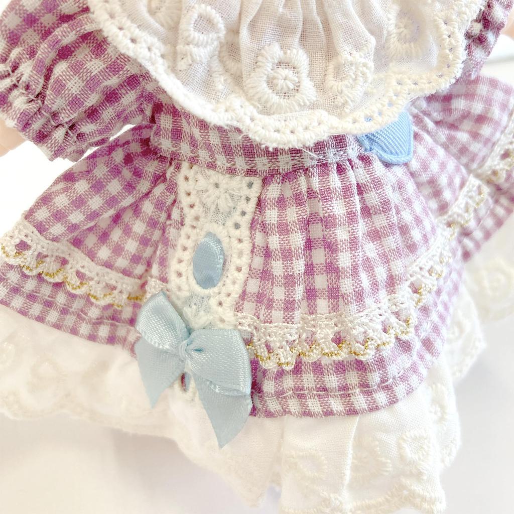 Purple Gingham Check Frill Dress for 10cm Plush Toy, Kigurumi, Accessories, Otaku, Doll, Mascot, K-Pop Doll, Costume [Used]
