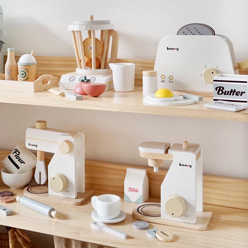 

Kids Wooden Kitchen Appliance Set: Coffee Maker, Mixer, and Bread Maker