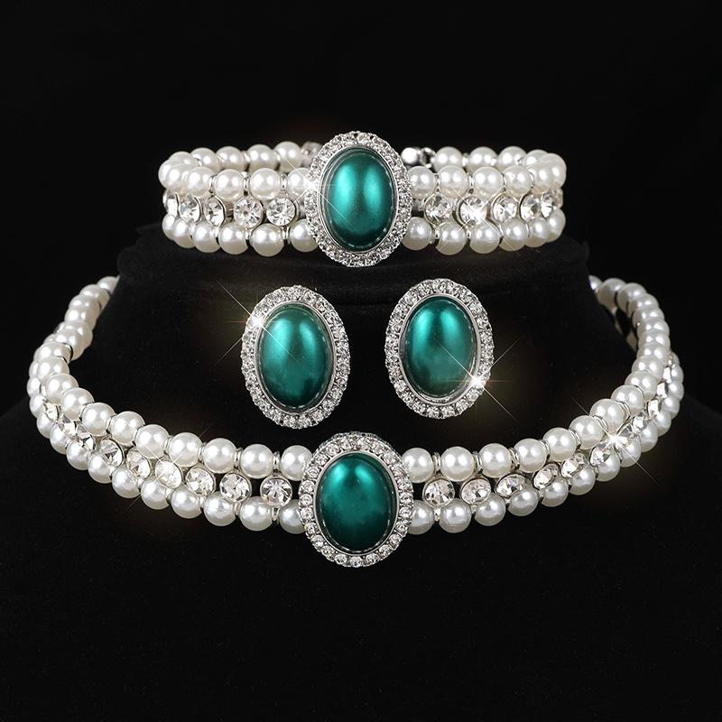 Vintage Pearl Rhinestone Bridal Necklace Earrings Set Cheongsam Neck Chain Collarbone Chain Set Multi-layer Pearl Jewelry Women