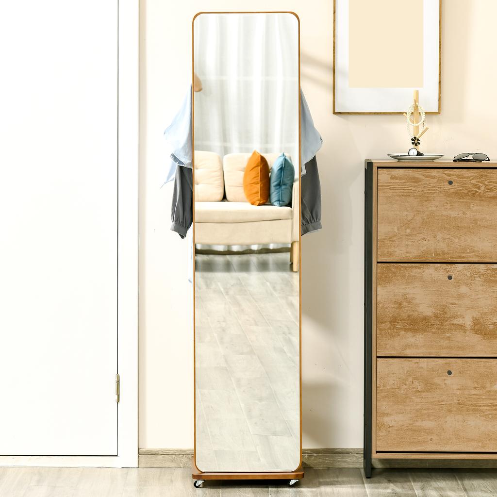 Standing Mirror with Wheels - Clothes Rack, 4 Hooks Shelf MDF Walnut Look