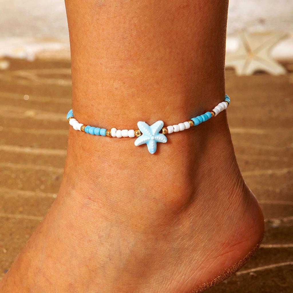 Ocean beach resort wind rice beads two-piece set simple contrasting color shell hand-woven anklet