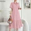 ZANZEA Women Casual Turn Down Collar Loose Summer Short Sleeve Dress