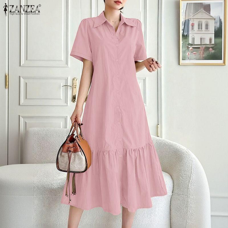 ZANZEA Women Casual Turn Down Collar Loose Summer Short Sleeve Dress