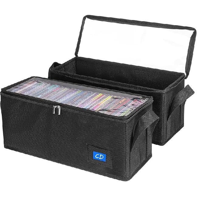CD Case Holder With Handles And Clear Lid, 4-Pack Black – CD Storage Box With Label Slots, Portable Organizer For Media Collection And Efficient CD-2PACK