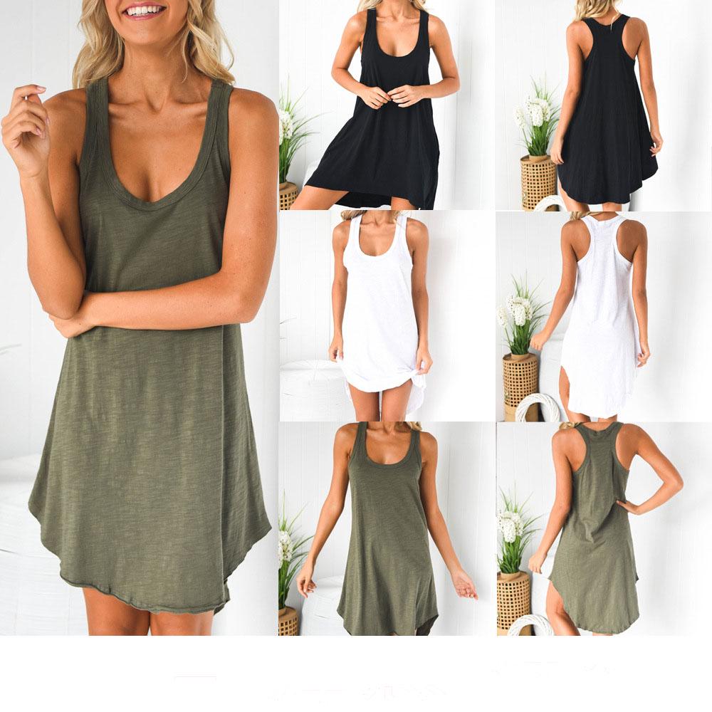 Buy Women Summer Solid Color Uneck Sleeveless Short Dress at