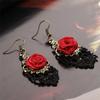 1 Pair Vintage Gothic Halloween Black Lace Red Flowers Dangle Earrings AVE