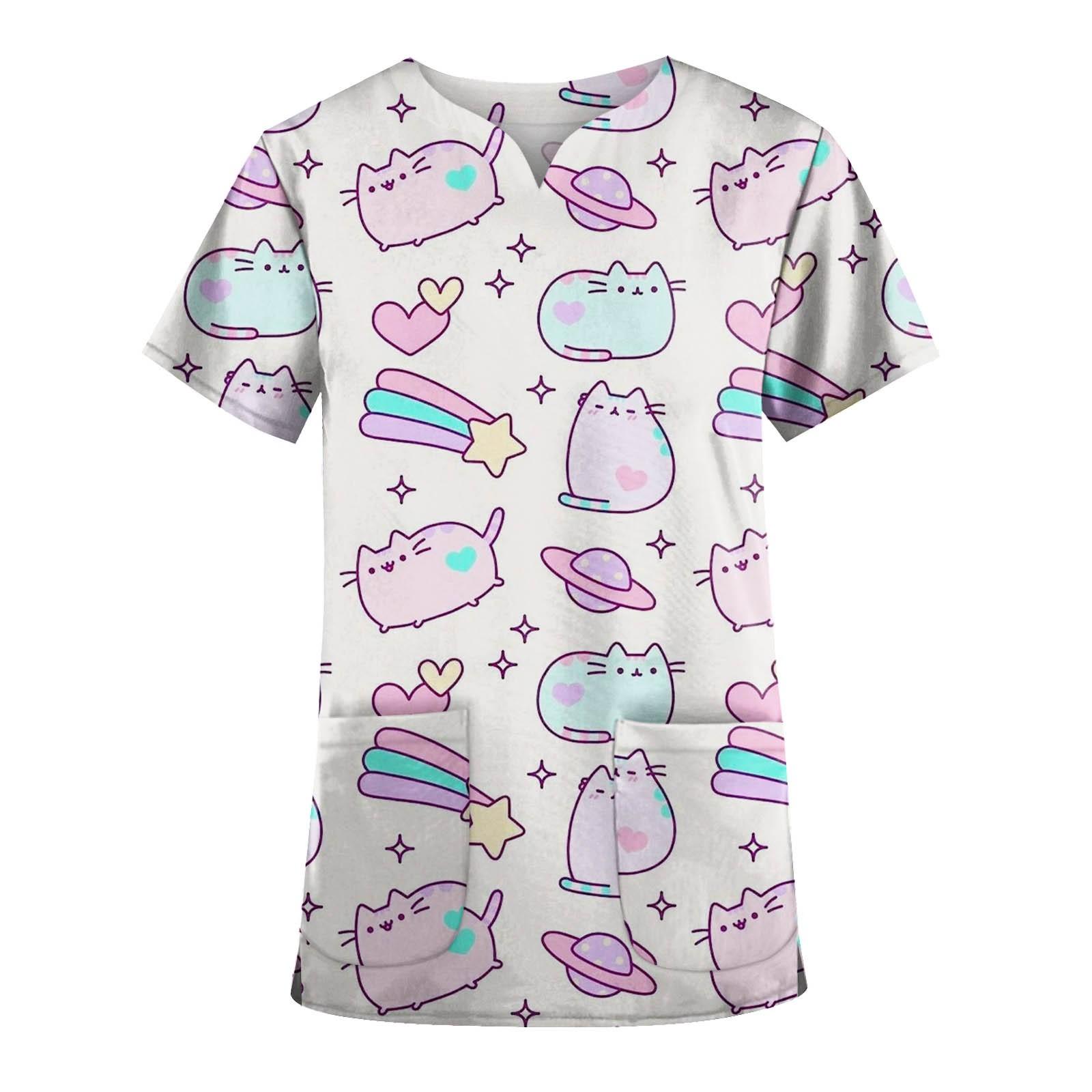 

Women s Short-sleeved V-neck Print Pocket Carer Top S фіолетовий