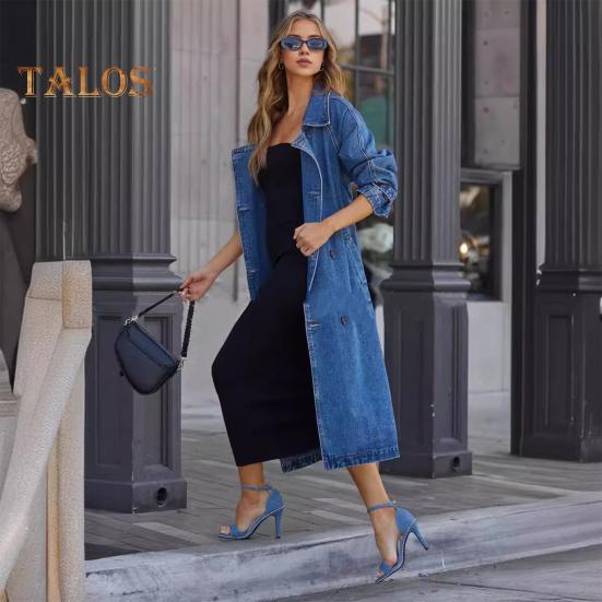 Women Denim Jacket Double-breasted with Side Pockets Lace-up Tie Waist Mid Length Solid Color Turn-down Collar Overcoat Streetwear Outdoor