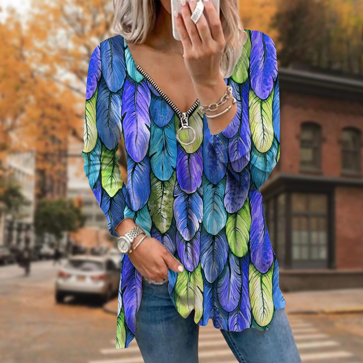 

Женские осенние красочные мини-футболки с длинным рукавом и принтом перьев, свободные футболки больших размеров с V-образным вырезом, удобные блузки 8XL синий