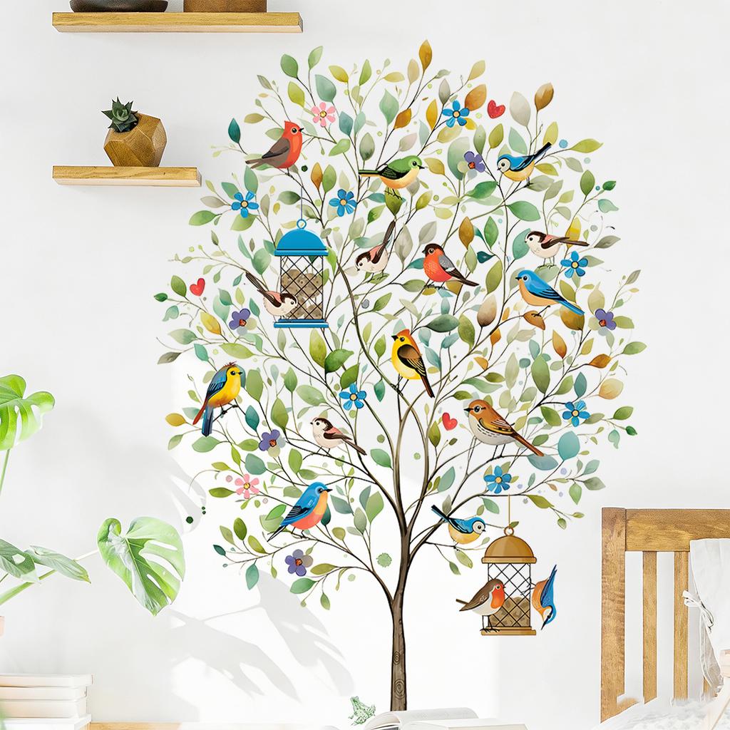 Fresh Flowers Birds Trees Self-adhesive Waterproof Living Room and Bedroom Stickers