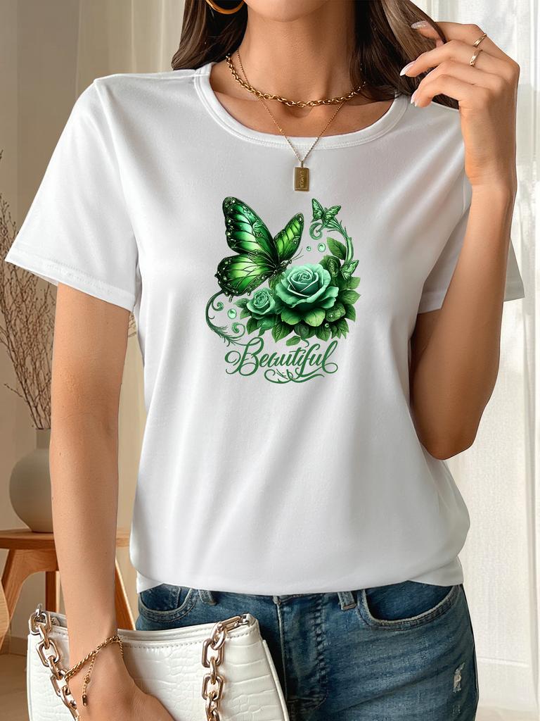 Dames "Mooi" Artistieke Vlinder en Roos, Zacht en Ademend Polyestervezel, Gemiddelde Elasticiteit Modieuze Stijl, Casual Korte S