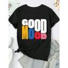 Plus Size Women Good Mood Letter Print Yellow Pink Blue Casual Tee