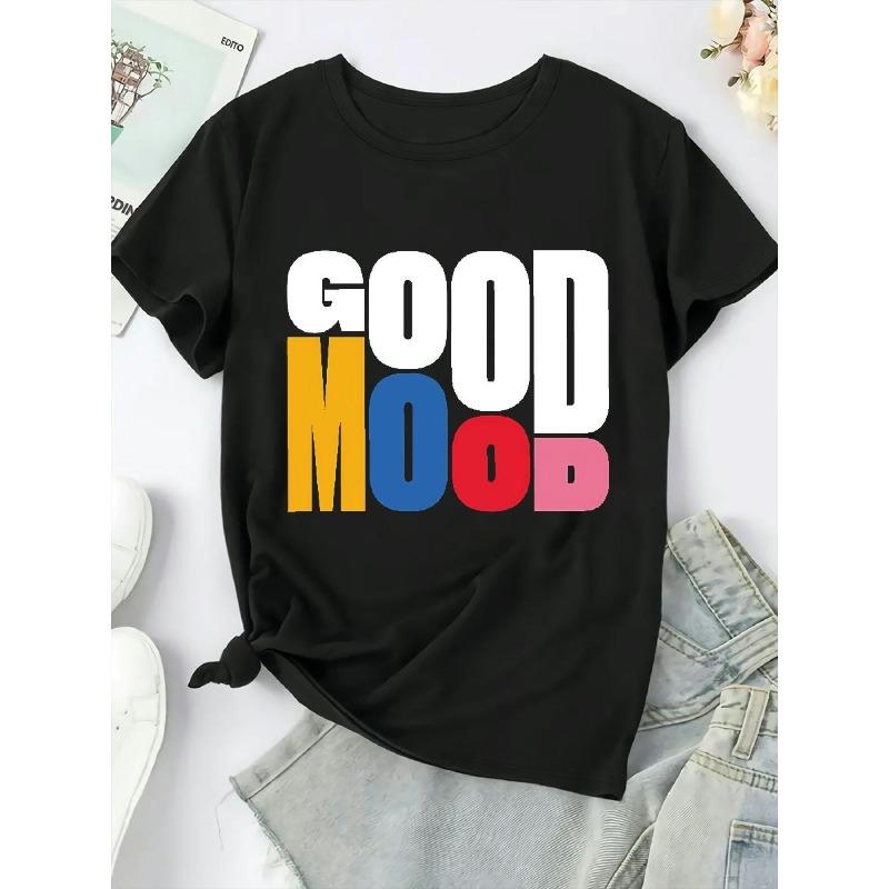 Plus Size Women Good Mood Letter Print Yellow Pink Blue Casual Tee