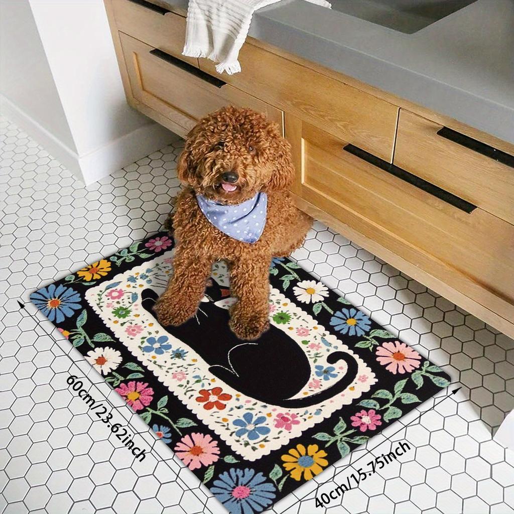 Schwarze Katze Bunte Blumen Eingangstürmatte Eingang Rutschfest Abriebfest Leicht zu Reinigen Fußmatten Heimdekor Teppich