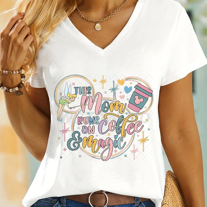 Coffee Lover Gift Tshirt This Mom Runs on Coffee and Magic Graphic T Shirts Women Mouse Ears Cute Coffee Mom Vneck Casual Tops