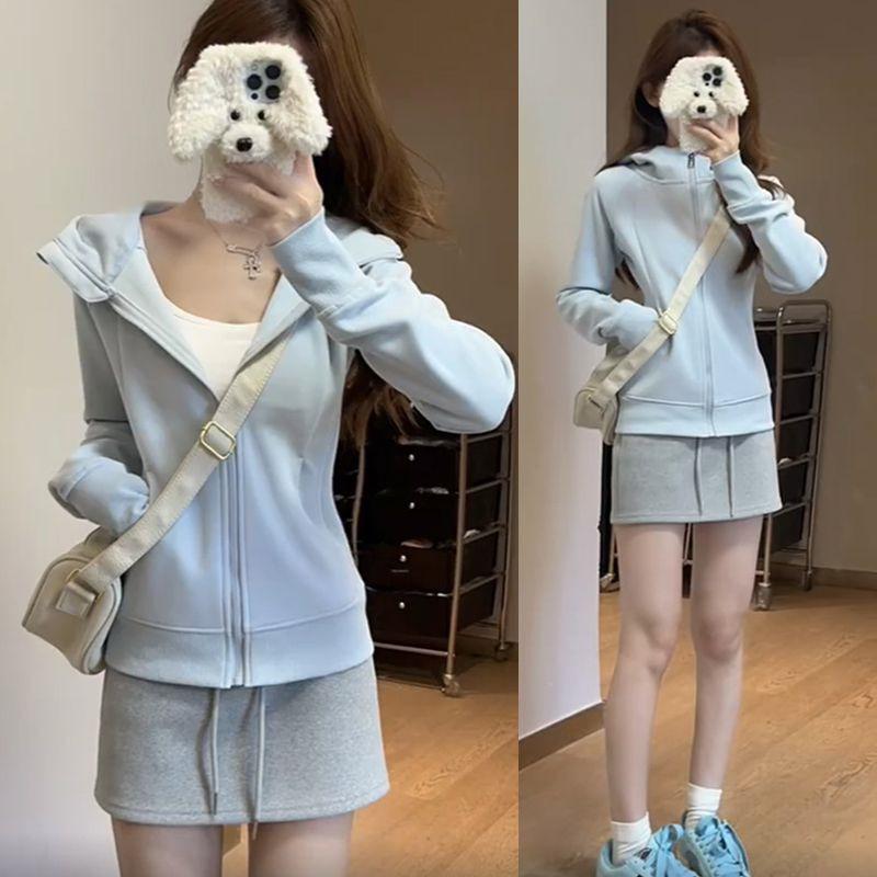 Slim-Fit Light Blue Hoodie Jacket - Versatile, Fashionable Spring/Autumn Cardigan Top