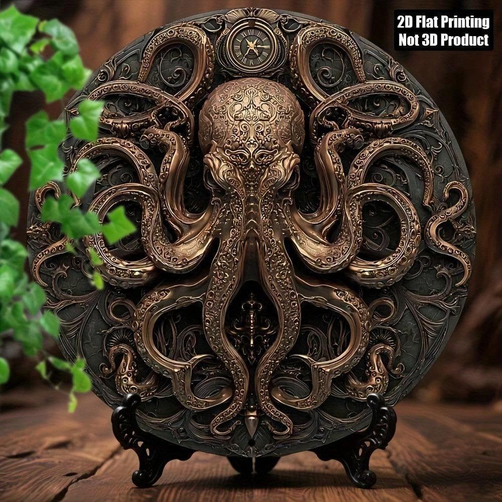 Retro Metal Octopus Wall Art 8 Inch Round Plaque Marine Sea Creature Decor Home Coastal Beach Sign