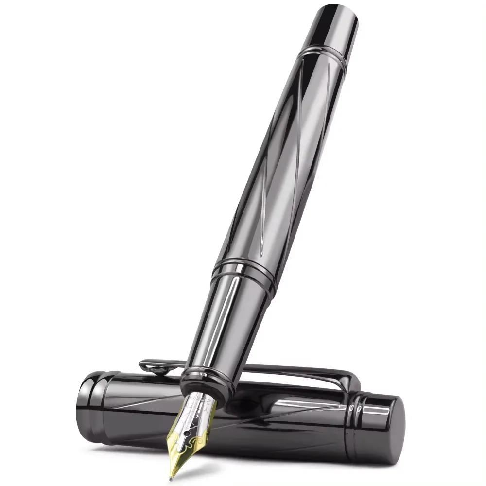 STONEGO 0.38mm Ultra Fine Tip Fountain Pen, Black Metallic Calligraphy Gift Pen with Ink Refill Converter, Executive Pen