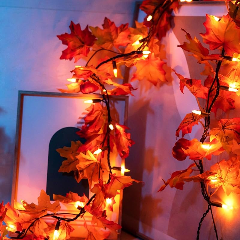 Fall Decor 11Ft Fall Garland with Lights - 50 Bulbs Plug in Fall Lights, Thanksgiving Decorations Indoor Outdoor Connectable Fall String Lights