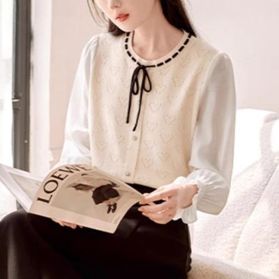 Fake Two-piece Splicing Knitted Sweater Women's Long-sleeved Spring and Summer New Lace-up Crew Neck Beige Front Shoulder Top