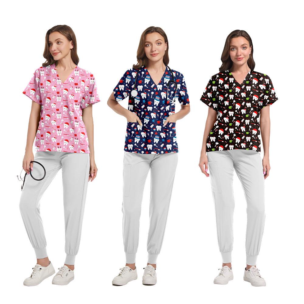 V-Neck Short Sleeve Printed Scrub Suit for Dental Clinics and Hospitals