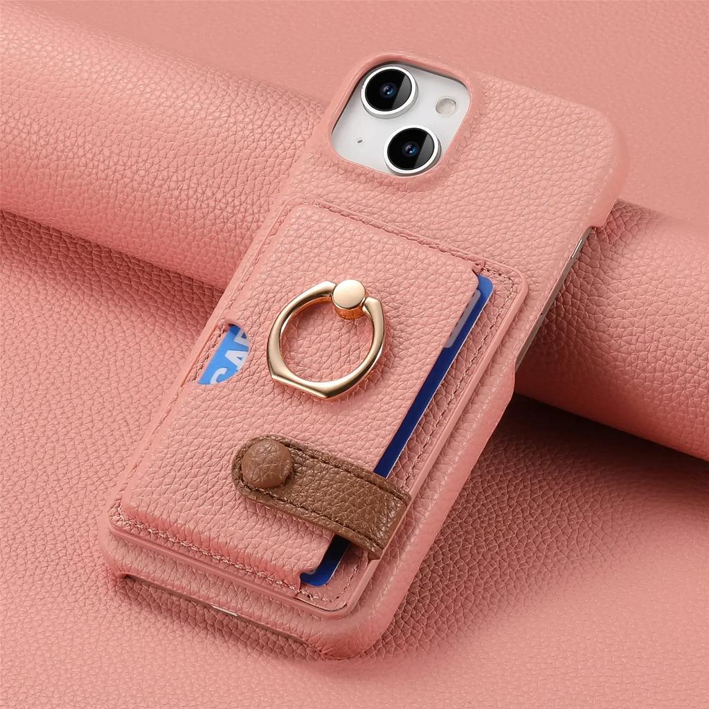Leather Ring Support Phone Case for IPhone 16E 16 15 14 13 12 11 Pro Max X XR 7 8 Plus Wallet with Card Holder Shockproof Cover