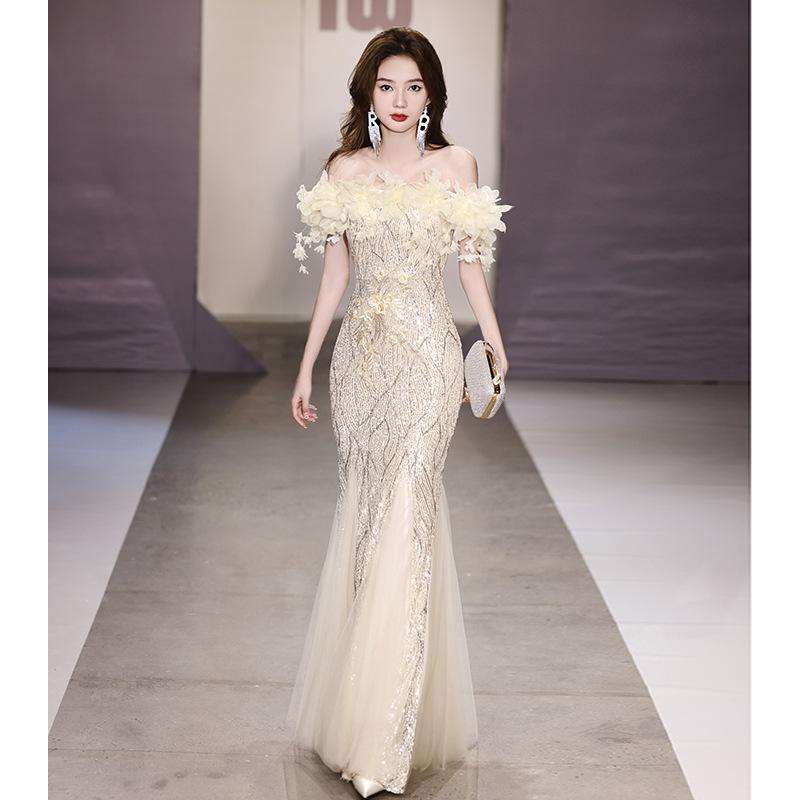 Fishtail Evening Dress Skirt 1011 One-word Shoulder High-end Light Luxury Niche Haute Couture Senior Host Sequins Annual Dinner Flash