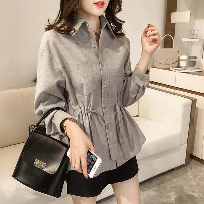 Spring and Autumn Plus Size Shirt Cotton Linen Drawstring Waist Temperament Lapel Casual Long Sleeve Top
