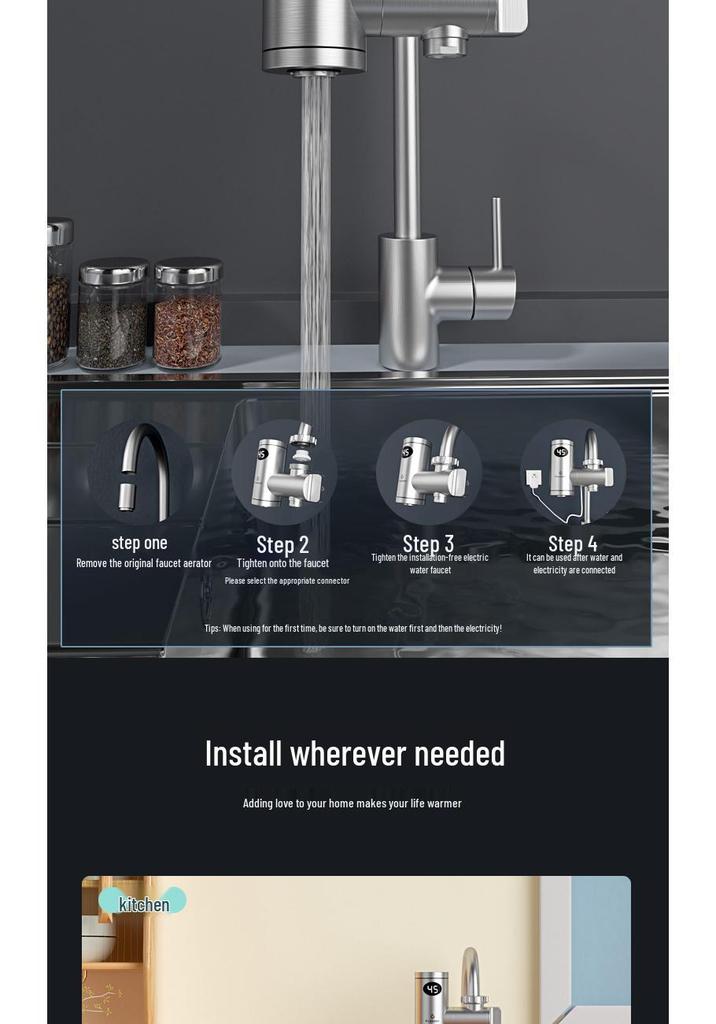 Stainless Steel Electric Instant Hot Water Faucet, No Installation Needed, for Hot and Cold Water Use In Kitchen