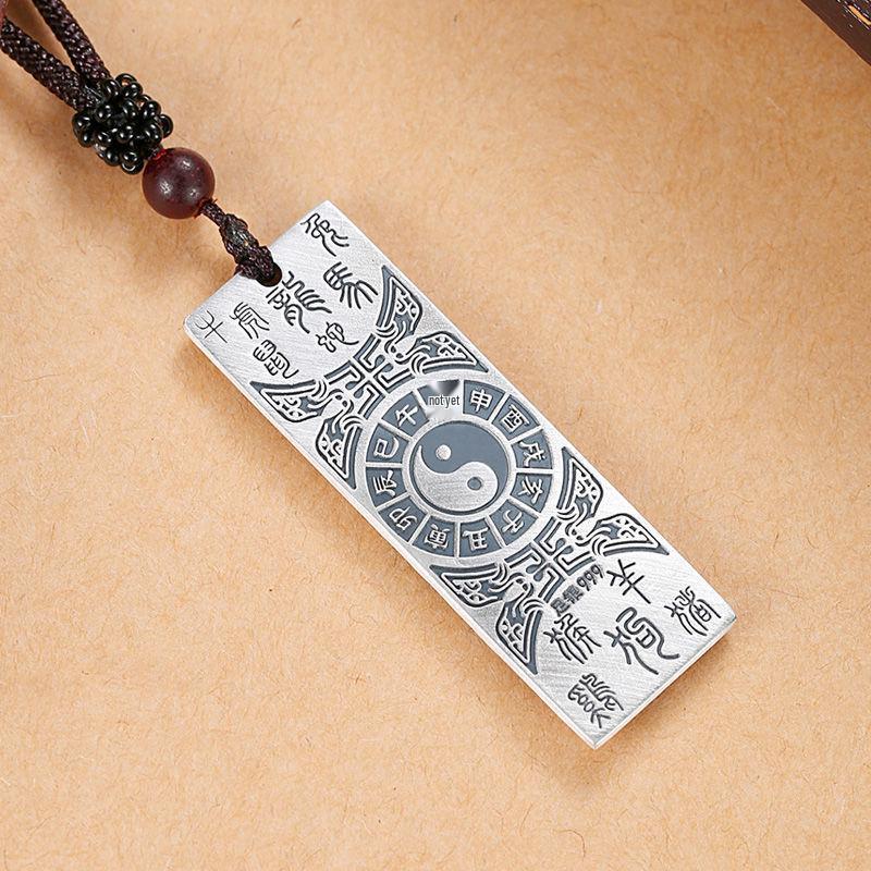 999 Sterling Silver Antique Bagua Zodiac Ox Pendant Necklace for Men, Women, Couples